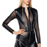 Front View Move Through Faux Leather Mesh Cutout Bodysuit