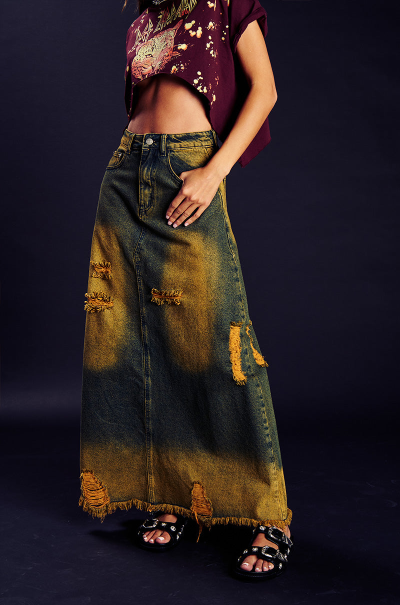 Front View Movin Different Denim Maxi Skirt 0
