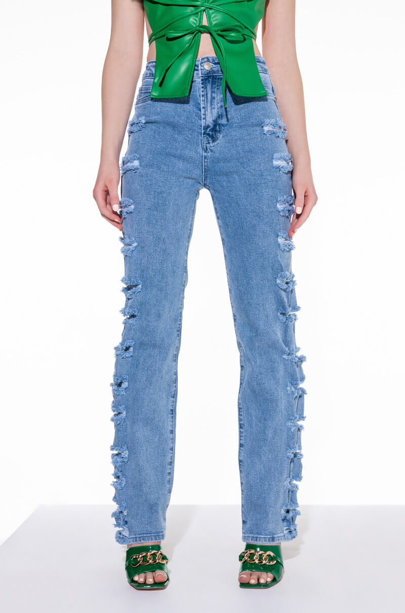Front View Mrs Bieber High Waisted Distressed Side Wide Leg Jeans