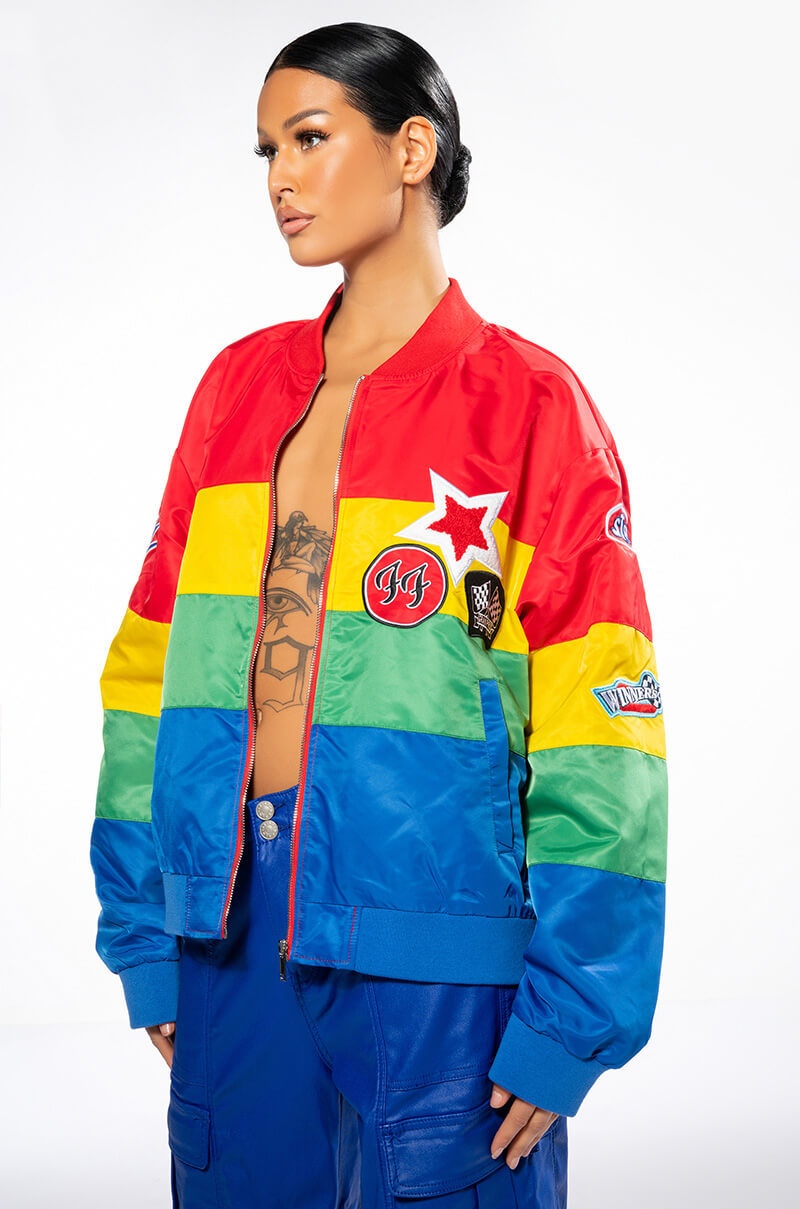 Front View Multi Color Racing Varsity Bomber view 1