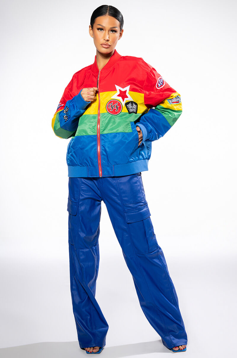 Side View Multi Color Racing Varsity Bomber