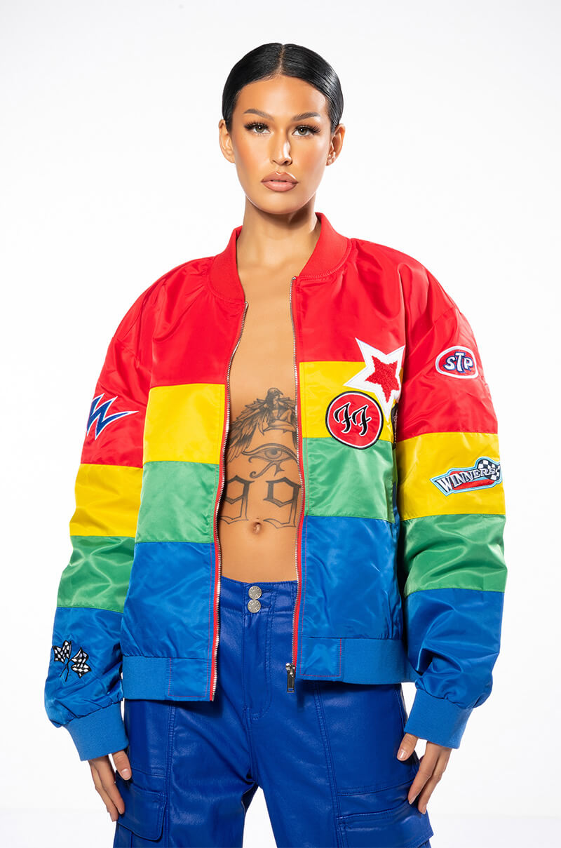 Back View Multi Color Racing Varsity Bomber