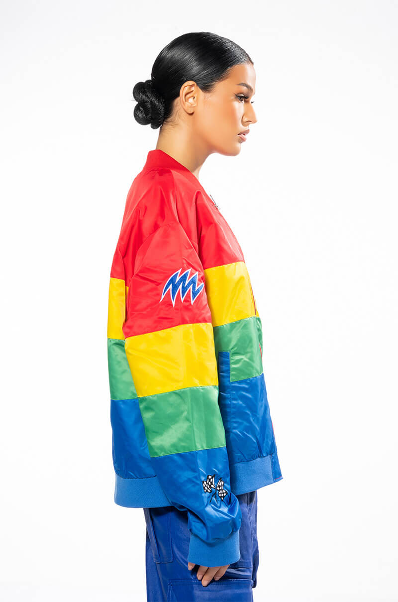 Detail View Multi Color Racing Varsity Bomber