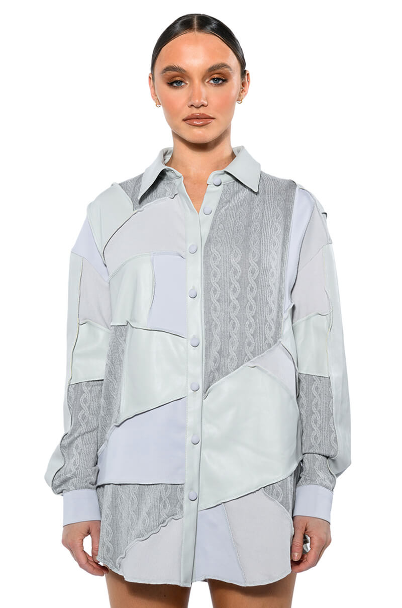 Front View Multi Grey Patchwork Button Down Blouse