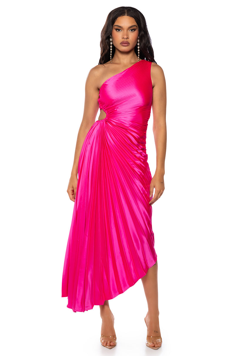 Front View Must Be Love Pleated One Shoulder Maxi Dress In Neon Pink 0