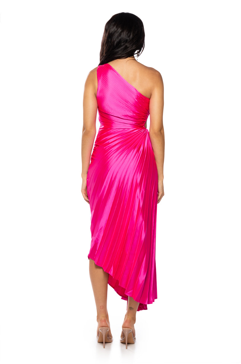 Full View Must Be Love Pleated One Shoulder Maxi Dress In Neon Pink 4