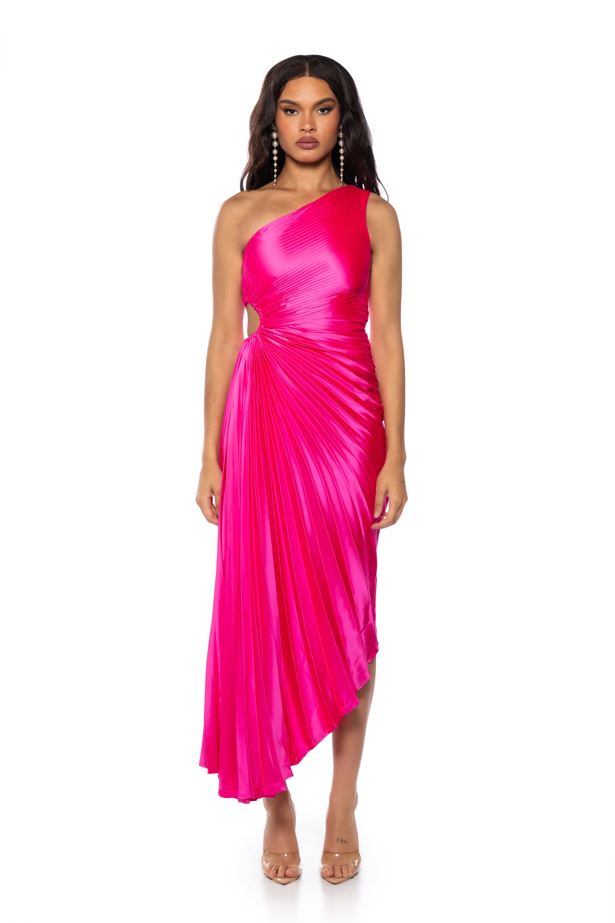 Extra View Must Be Love Pleated One Shoulder Maxi Dress In Neon Pink 6