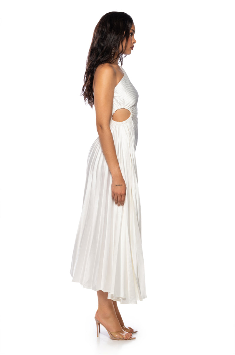 PLEATED ONE SHOULDER MIDI DRESS – AKIRA