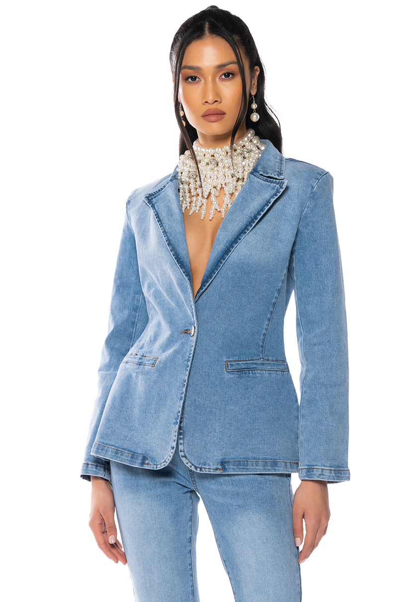 Front View My Business Denim Blazer