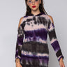 Front View My Good Side Cold Shoulder Mini Dress With Hood in Purple Multi