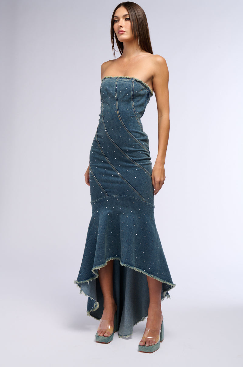 MY OWN MUSE HIGH LOW RHINESTONE DENIM MIDI DRESS AKIRA MY OWN MUSE HIGH LOW RHINESTONE DENIM MIDI DRESS AKIRA