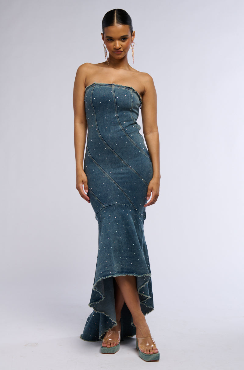 MY OWN MUSE HIGH LOW RHINESTONE DENIM MIDI DRESS – AKIRA