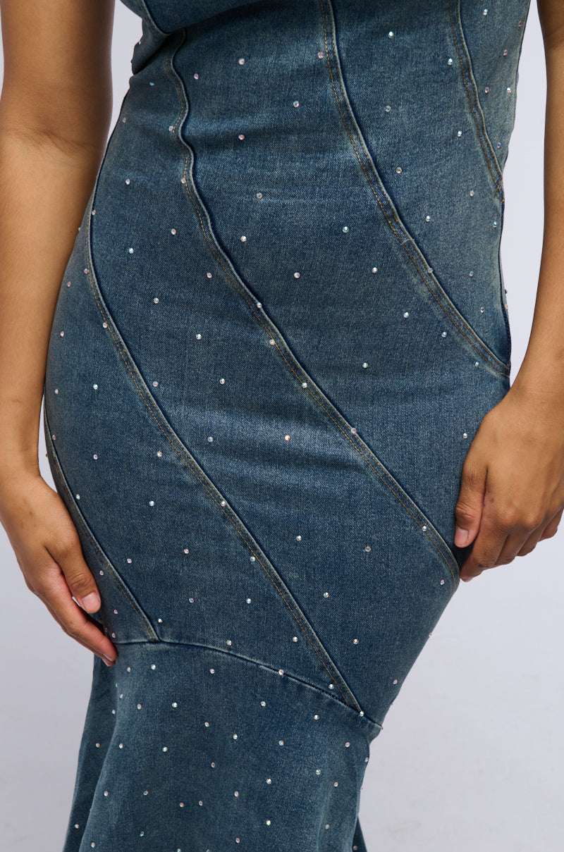 MY OWN MUSE HIGH LOW RHINESTONE DENIM MIDI DRESS AKIRA MY OWN MUSE HIGH LOW RHINESTONE DENIM MIDI DRESS AKIRA