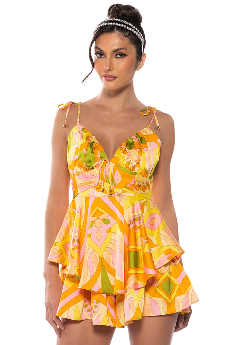 Front View My Own Stride Patterned Mini Romper