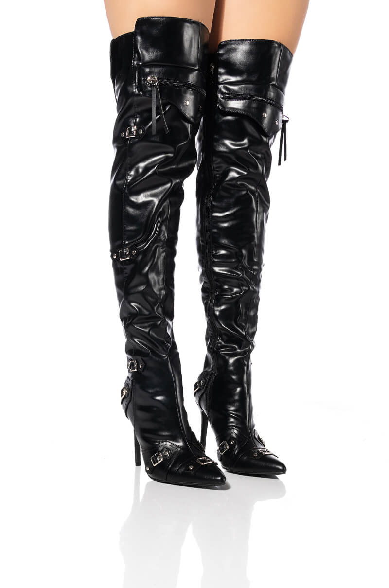 Front View My Power Thigh High Stiletto Boot In Black