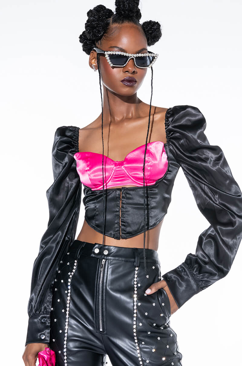 MY TYPE BUSTIER FRONT SATIN BLOUSE view 0