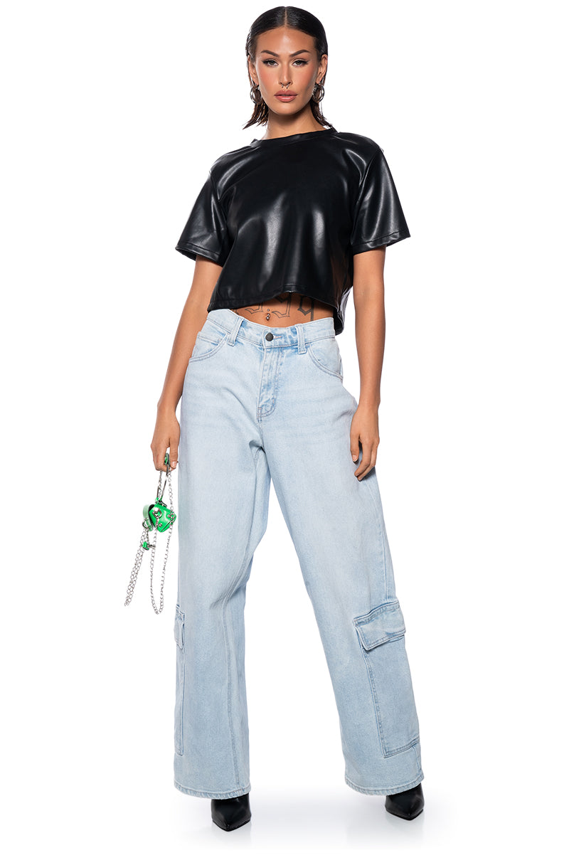 Back View My Type Open Back Faux Leather Shirt view 3