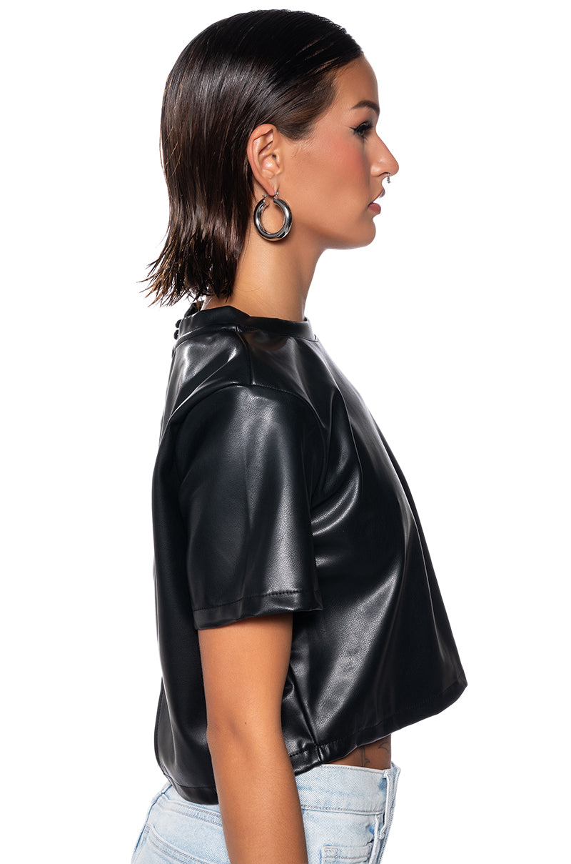 Full View My Type Open Back Faux Leather Shirt view 5