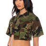 Front View My Way Asymmetrical Button Down Camo Crop Top