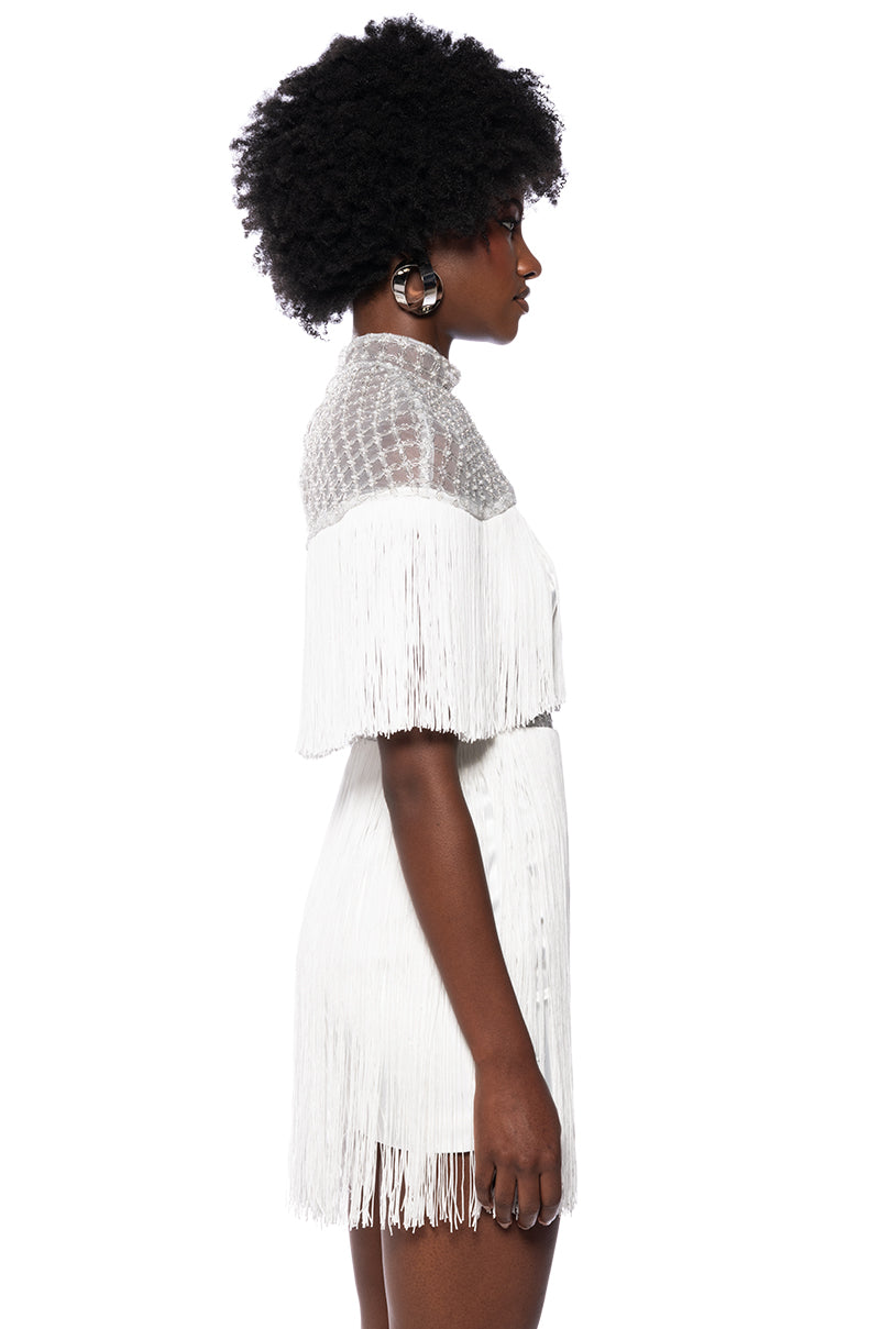 Detail View Mylah Fringe Detail Mini Dress In White