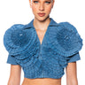 Front View Myra Textured Collared Denim Top