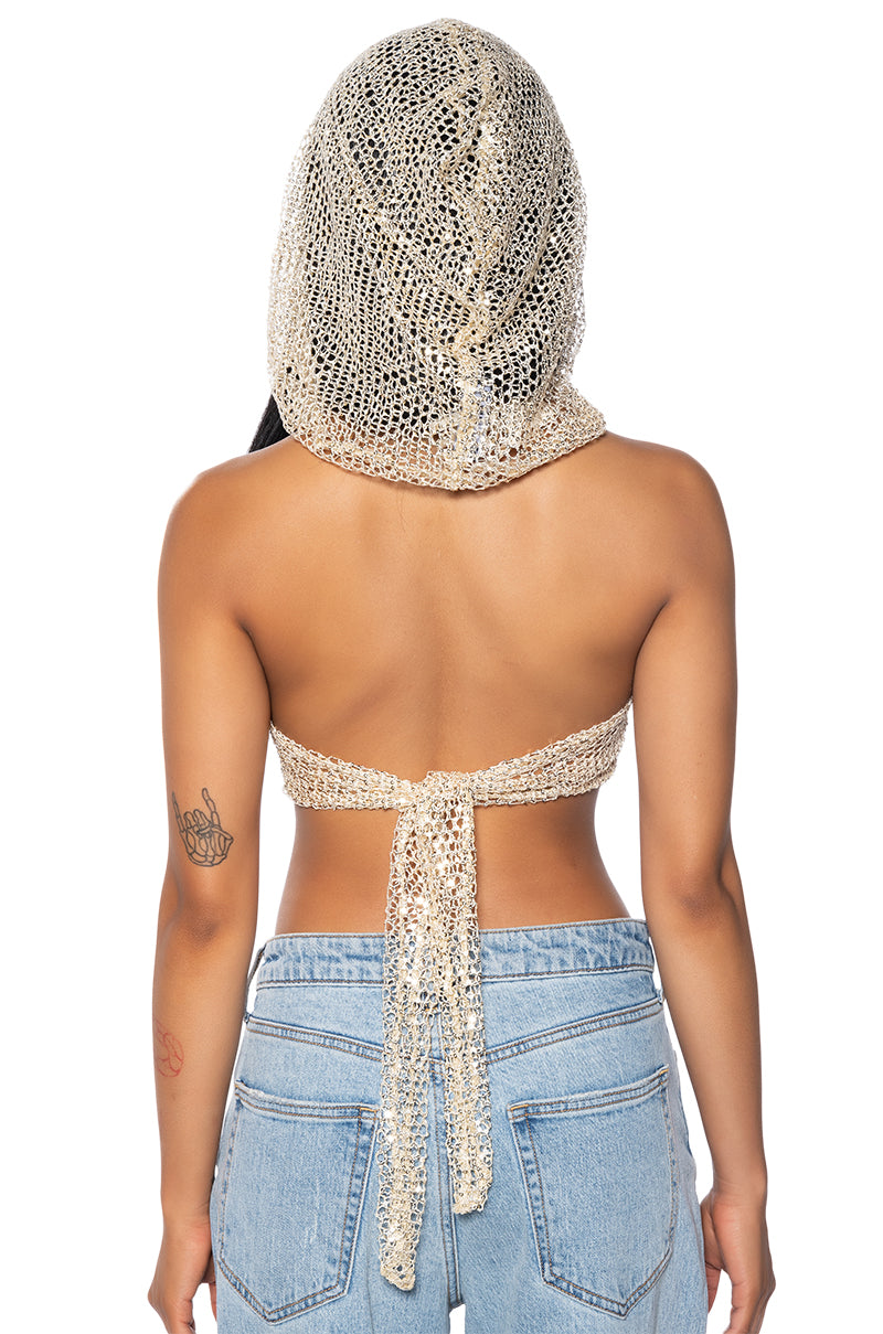 Extra View Mystery Girl Sleeveless Sequin Hooded Top In Gold