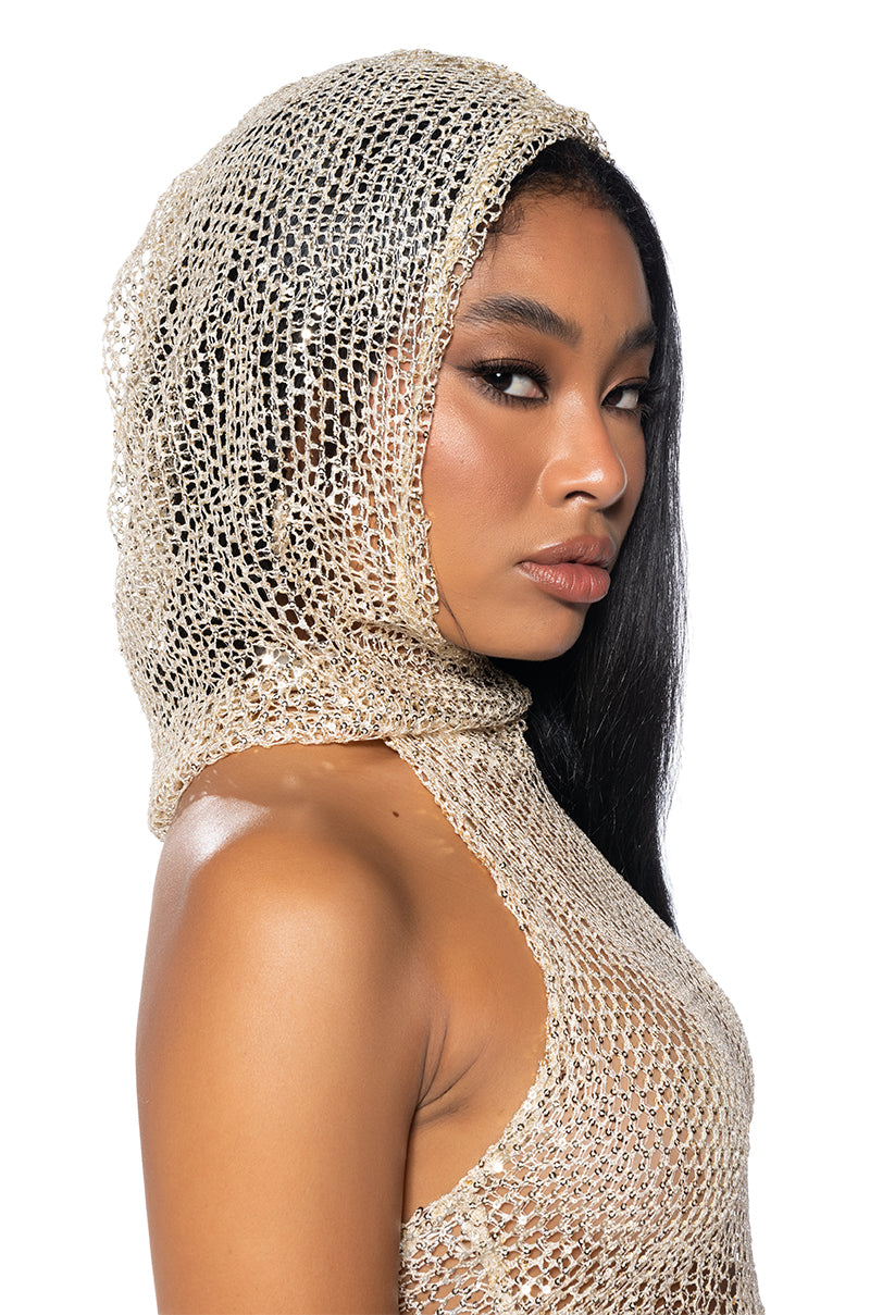Extra View Mystery Girl Sleeveless Sequin Hooded Top In Gold