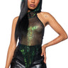 Front View Mystery Girl Sleeveless Sequin Hooded Top In Green Multi