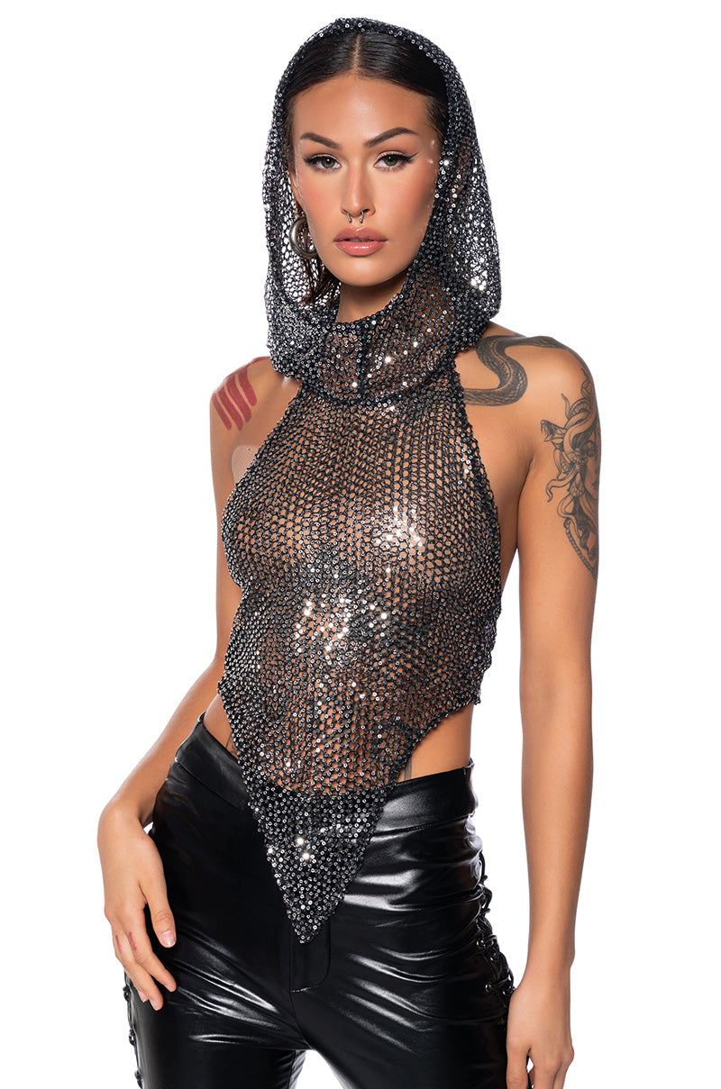MYSTERY GIRL SLEEVELESS SEQUIN HOODED TOP view 0