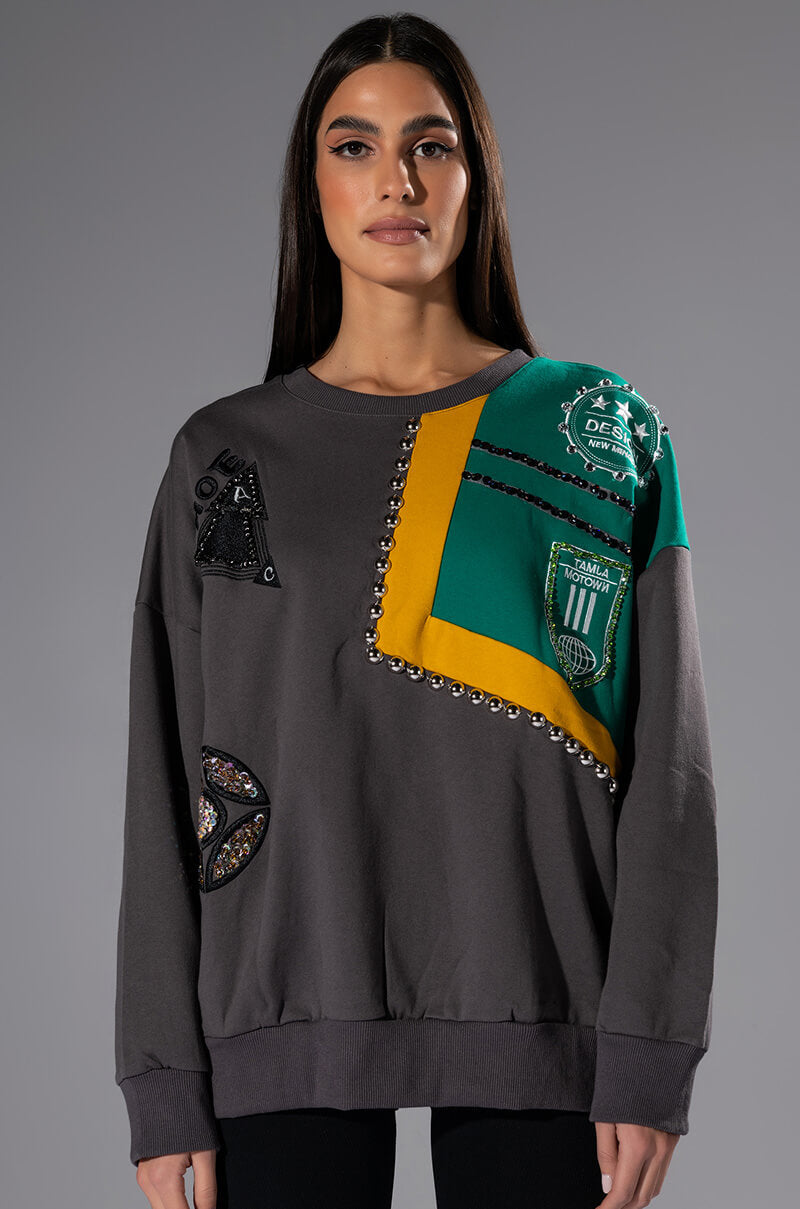 Front View Nally Embellished Colorblock Crew Neck Sweatshirt 