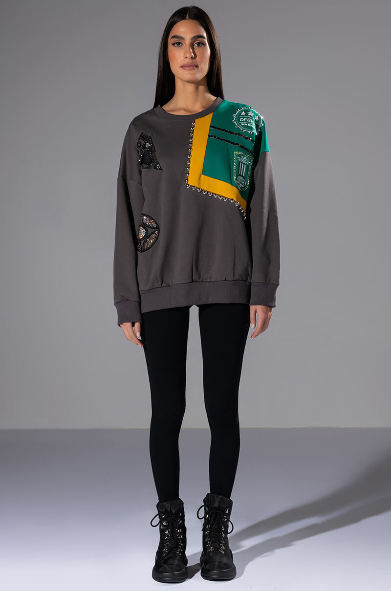 Back View Nally Embellished Colorblock Crew Neck Sweatshirt 