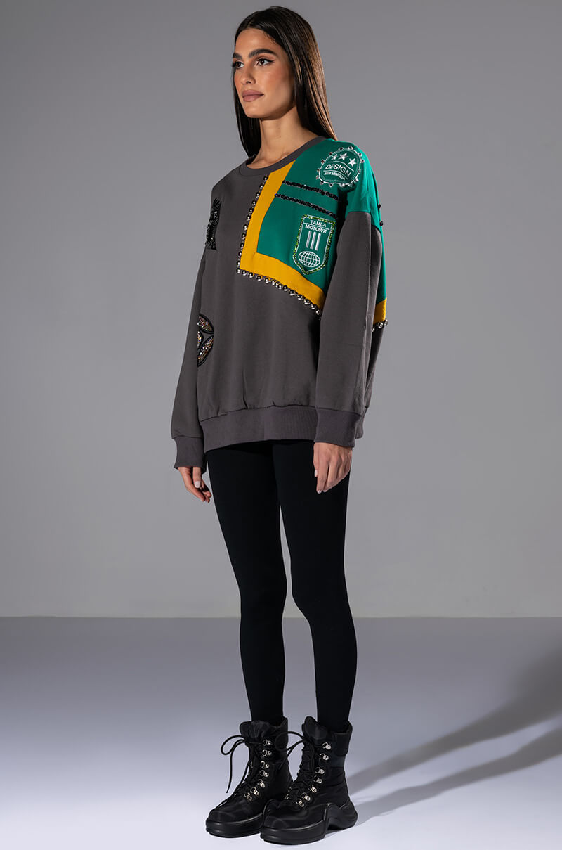 Detail View Nally Embellished Colorblock Crew Neck Sweatshirt 