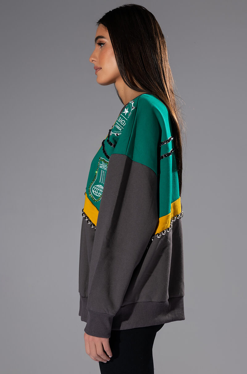Full View Nally Embellished Colorblock Crew Neck Sweatshirt 