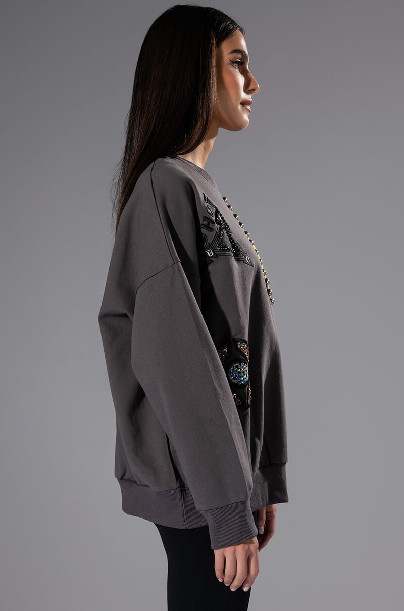 Extra View Nally Embellished Colorblock Crew Neck Sweatshirt 