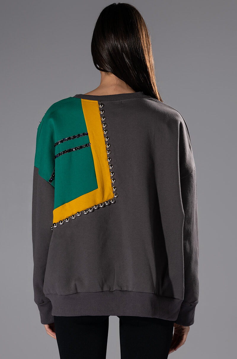 Extra View Nally Embellished Colorblock Crew Neck Sweatshirt 