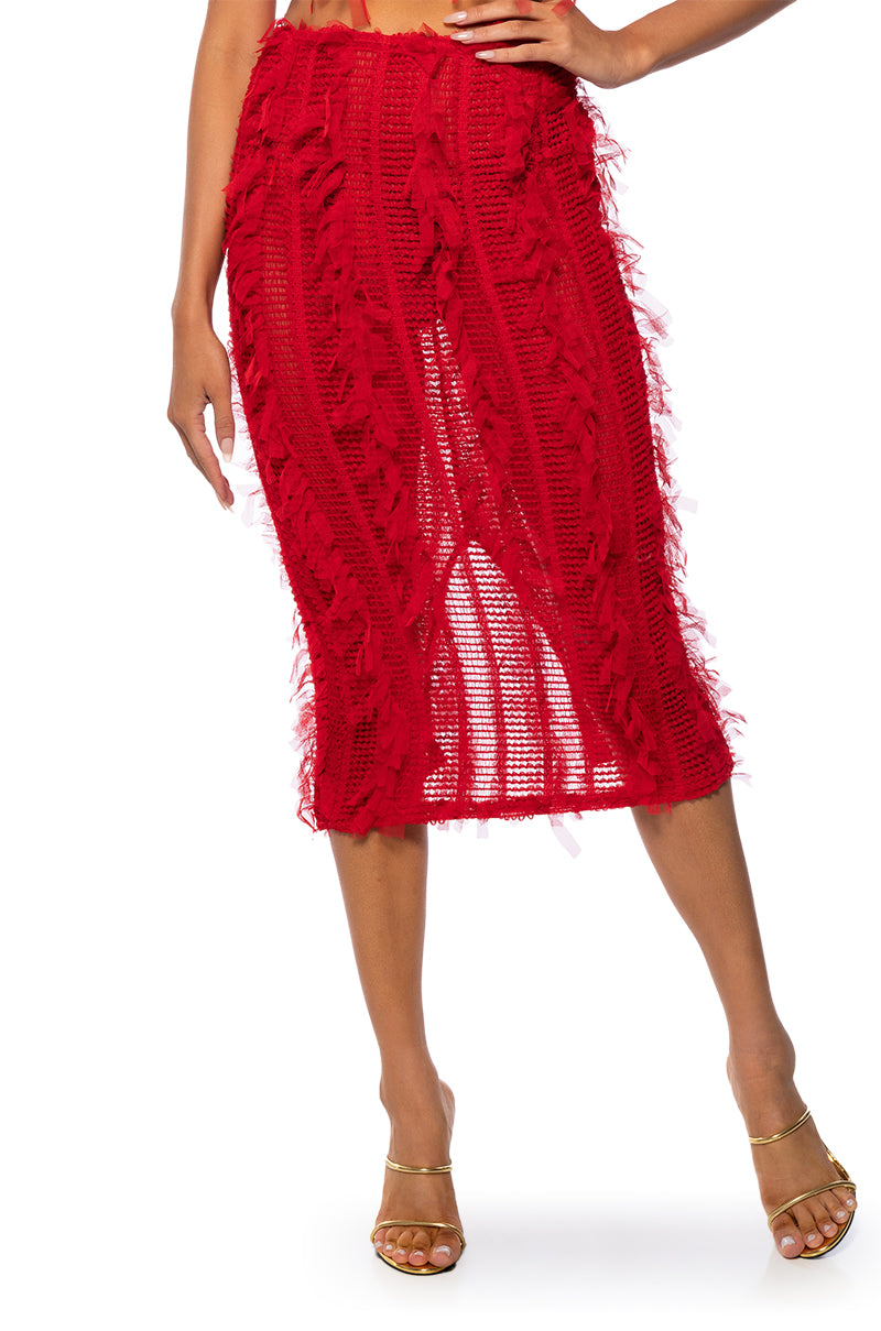 Front View Naomi Mesh Bodycon Midi Skirt In Red
