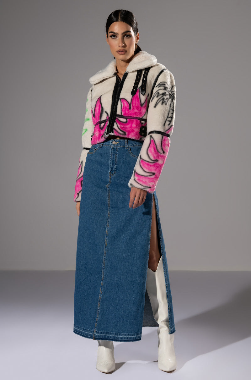 Back View Natalie Double Side Slit Denim Skirt