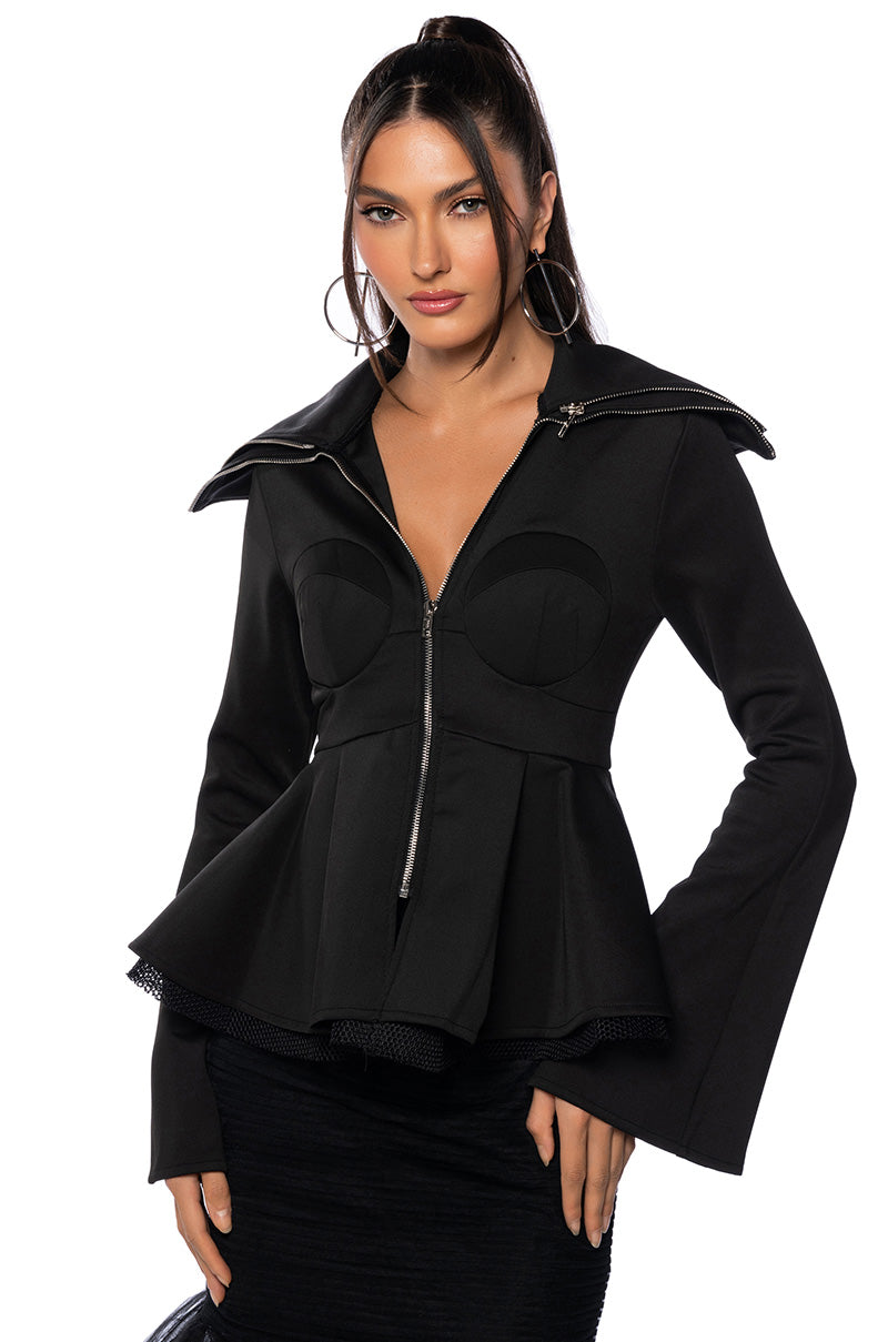 Front View Natasha Double Collar Peplum Zip Up 0