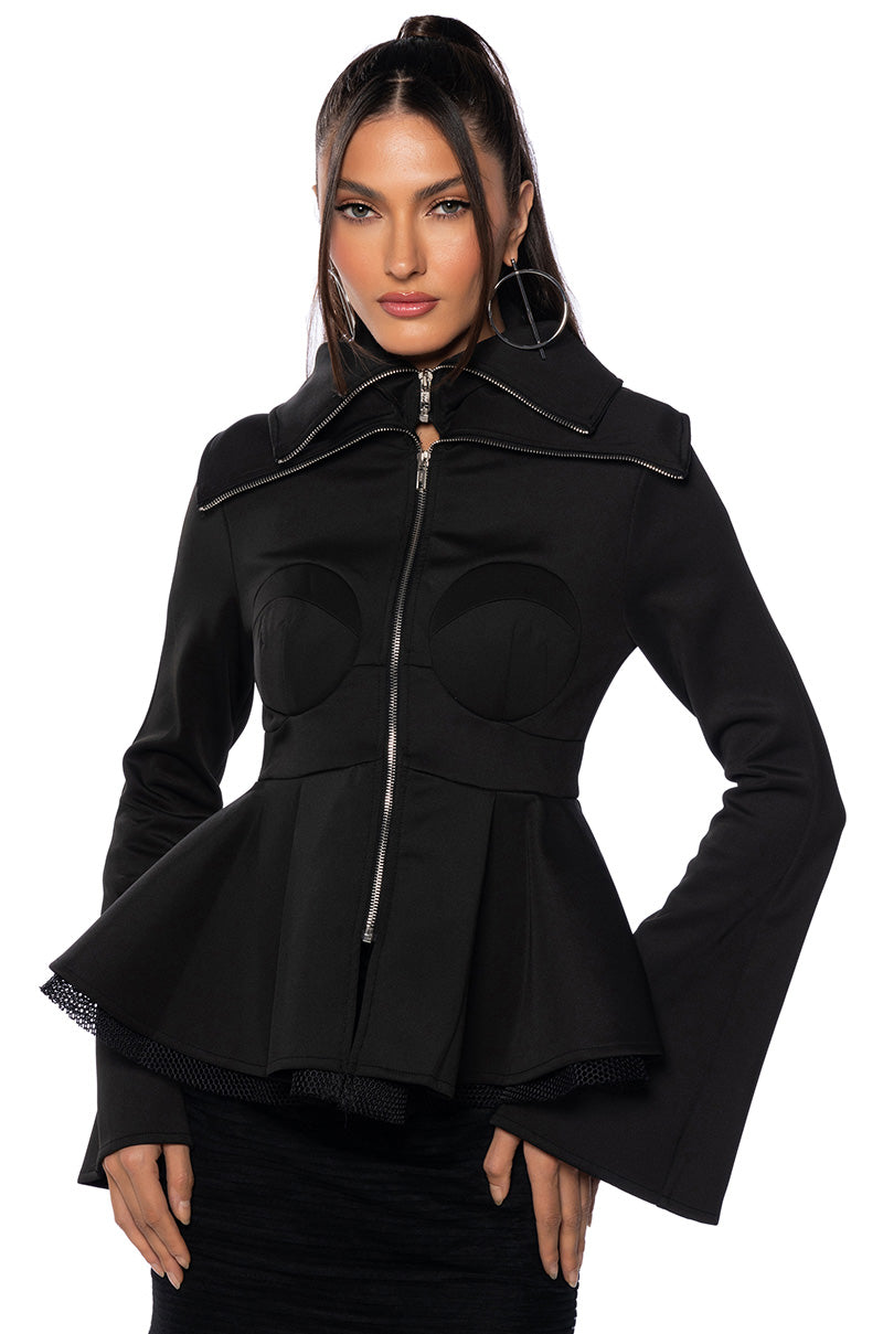 Side View Natasha Double Collar Peplum Zip Up 1