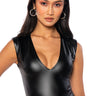 Front View Naughty But Nice Faux Leather Sleeveless Plunge Bodysuit