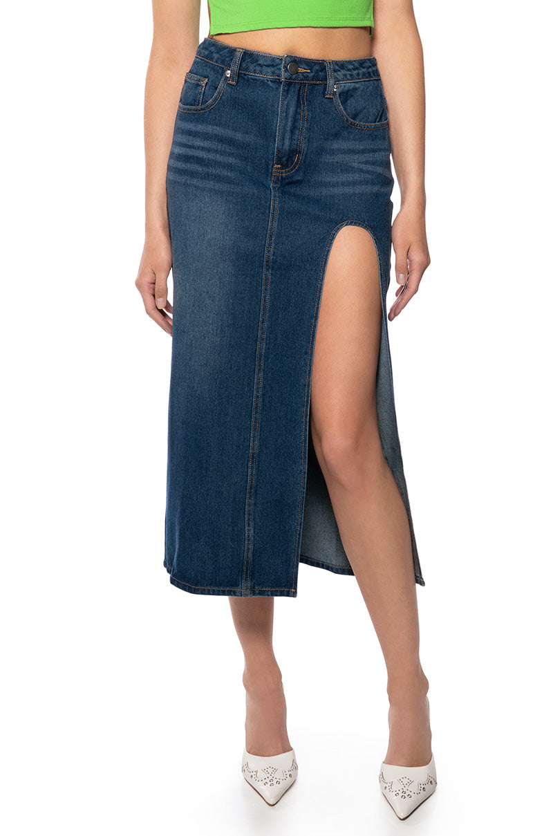 Front View Naughty Or Nice Drama Slit Denim Skirt