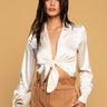 Front View Nayelli Satin Tie Front Bodysuit in Ivory