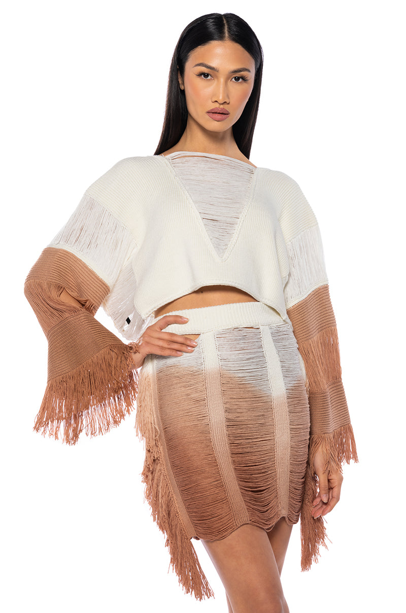 Extra View Need A Flight Fringe Knit Crop Tie Cardigan