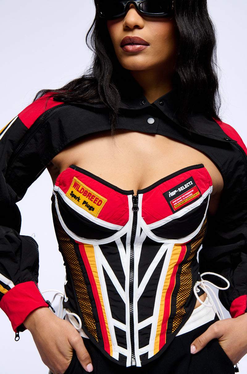 Detail View Need For Speed Zip Up Front Corset Top