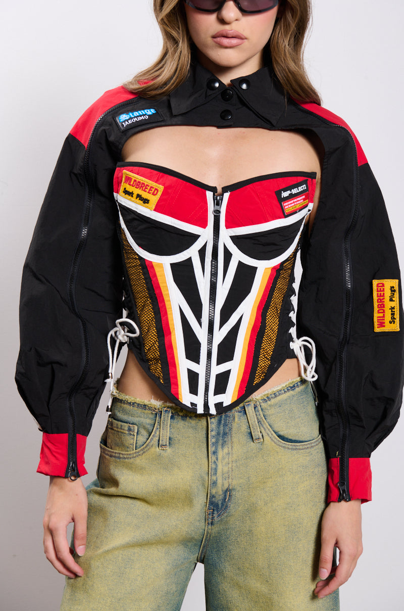 Detail View Need For Speed Zip Up Front Corset Top