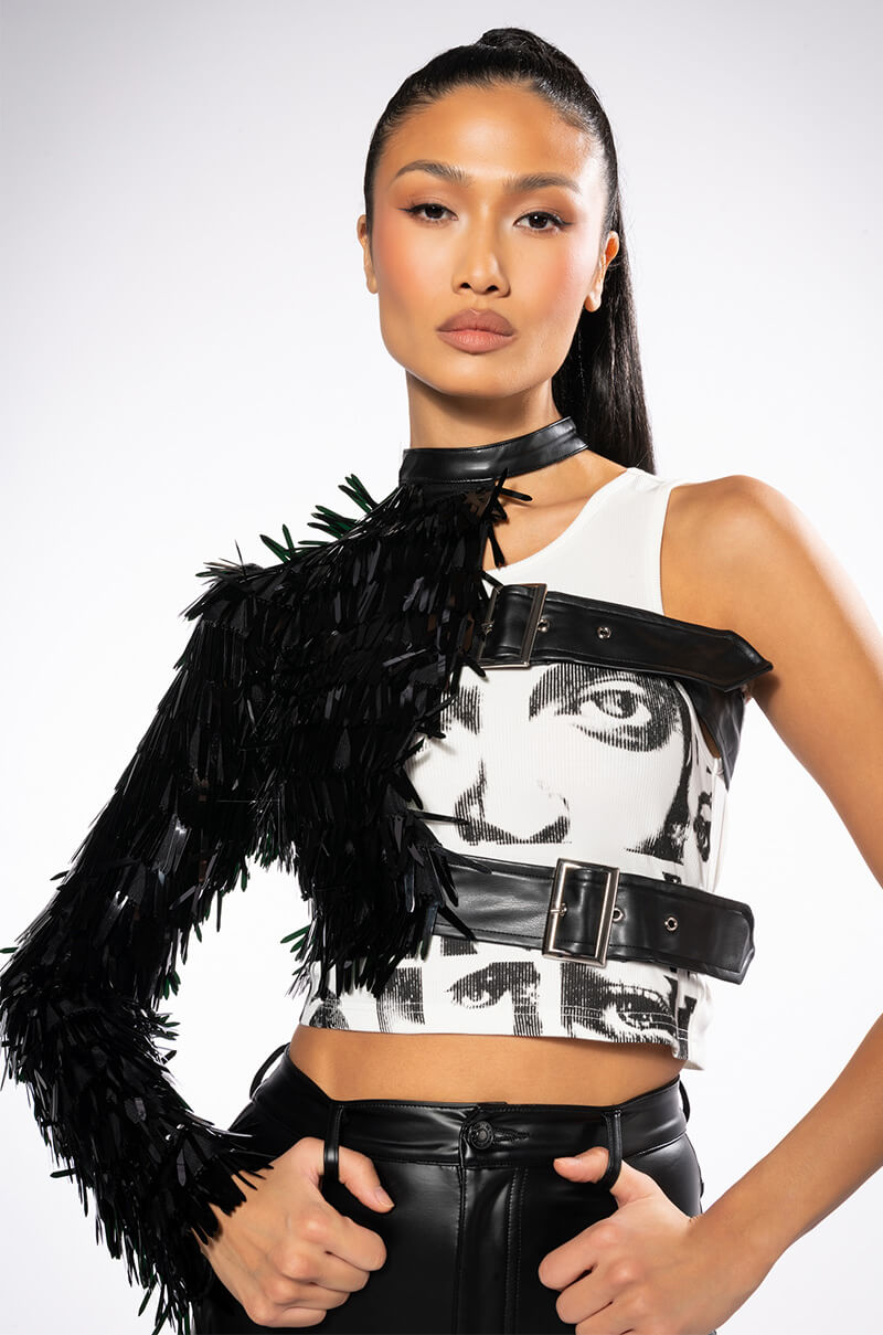Back View Neo One Sleeved Buckle Top