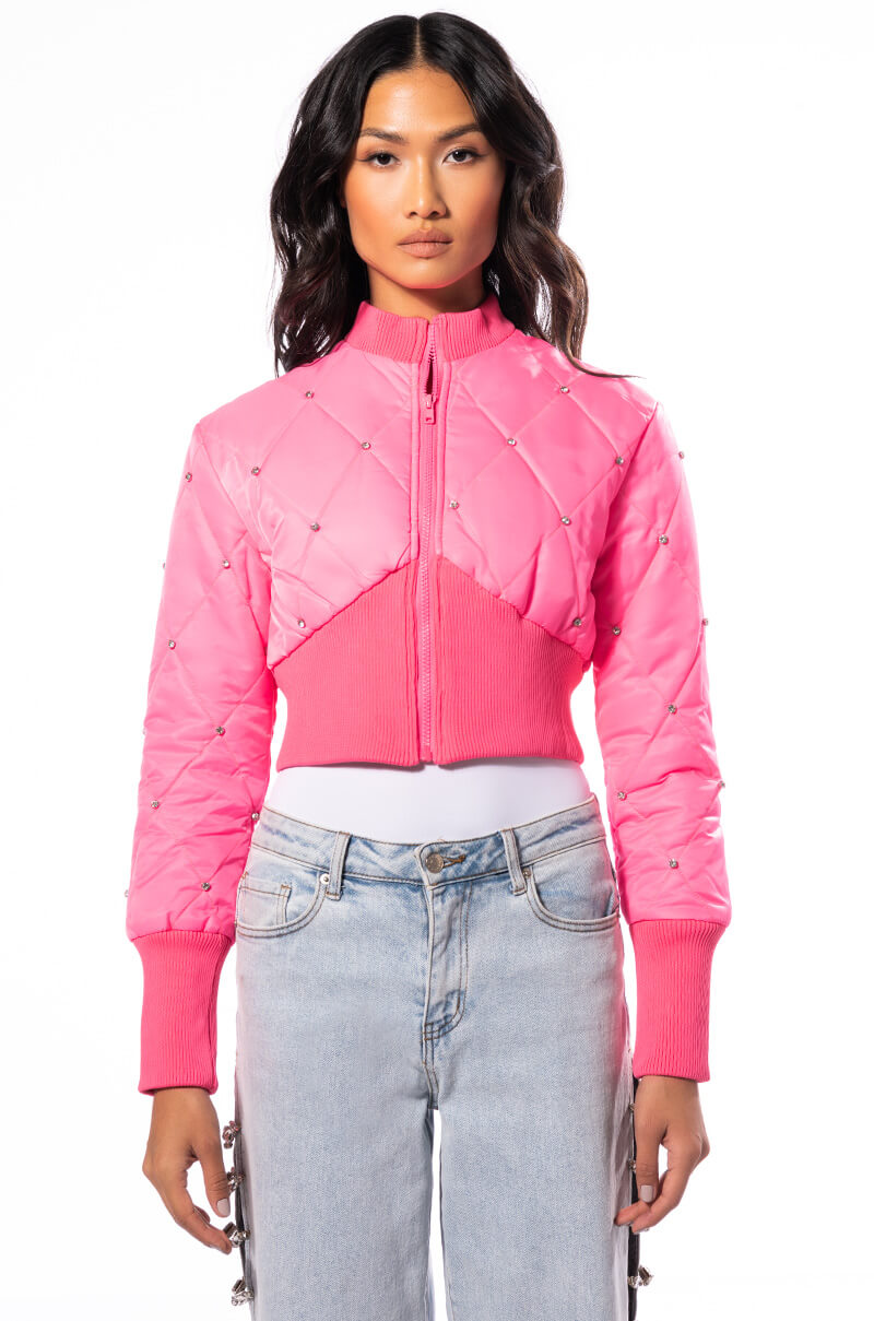 Back View Neon Icon Puffer Bomber With Rhinestones