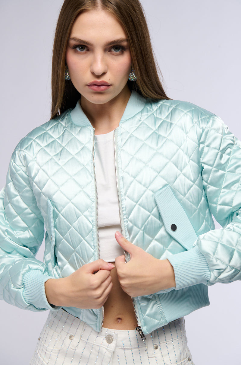 Back View Never Better Quilted Satin Bomber In Mint