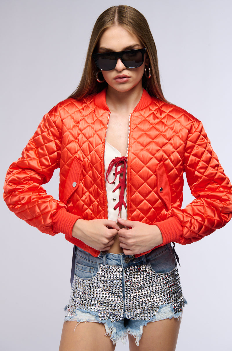 NEVER BETTER QUILTED SATIN BOMBER IN RED view 0