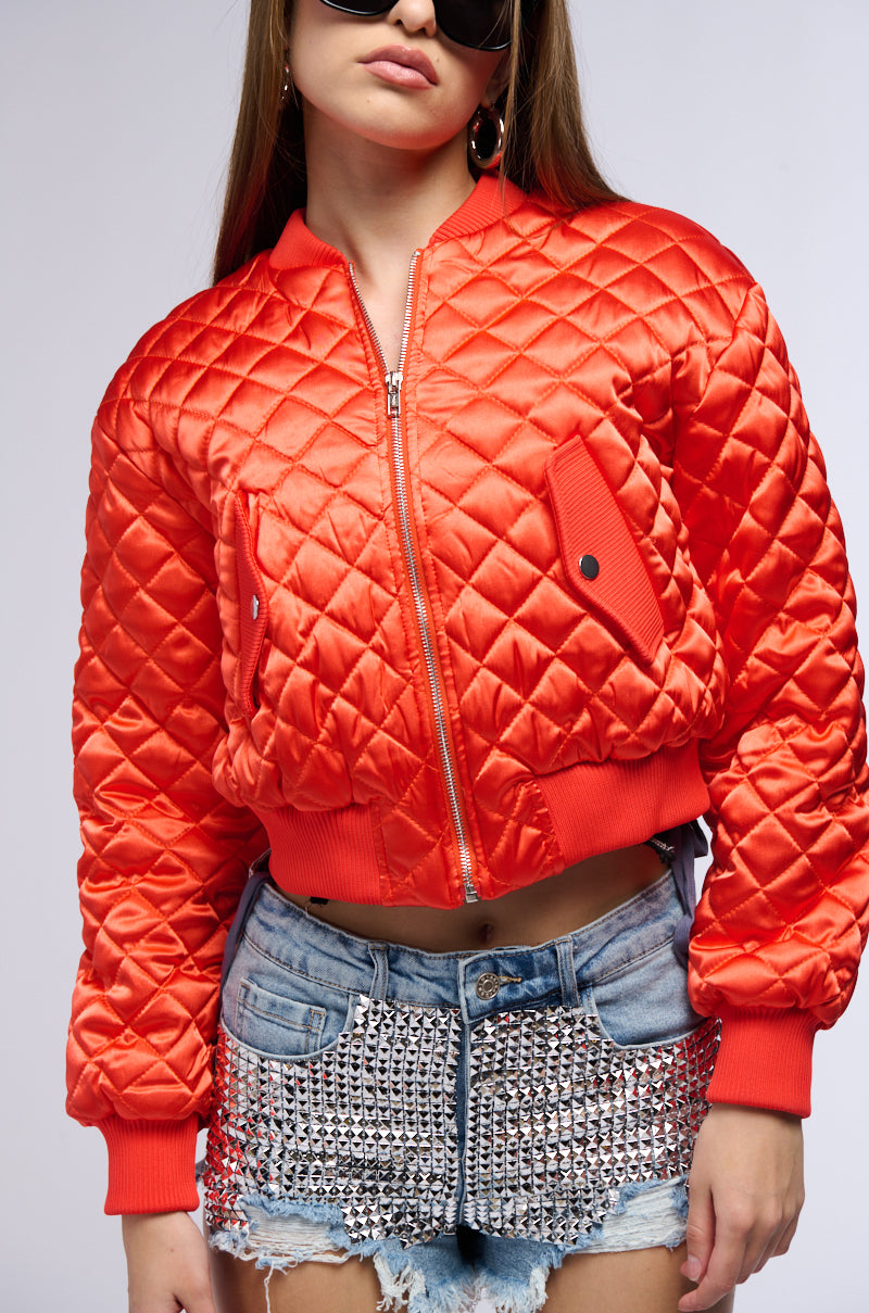 Detail View Never Better Quilted Satin Bomber In Red